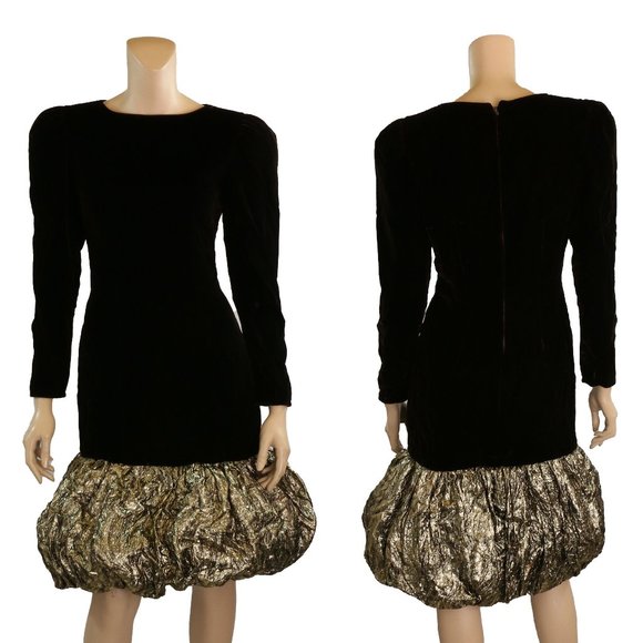 Akira Vintage 80s Brown Velvet Gold Lame Bubble Skirt Prom Party Dress sz 8 NWT - Picture 1 of 4